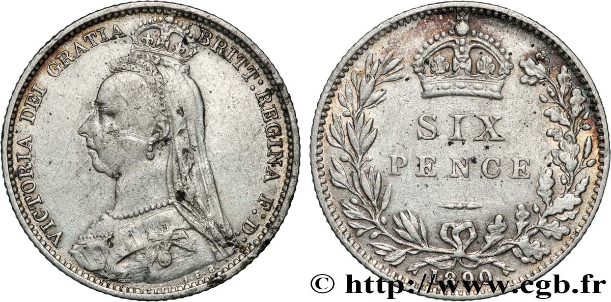 ROYAUME-UNI 6 Pence Victoria couronné 1890  TTB 