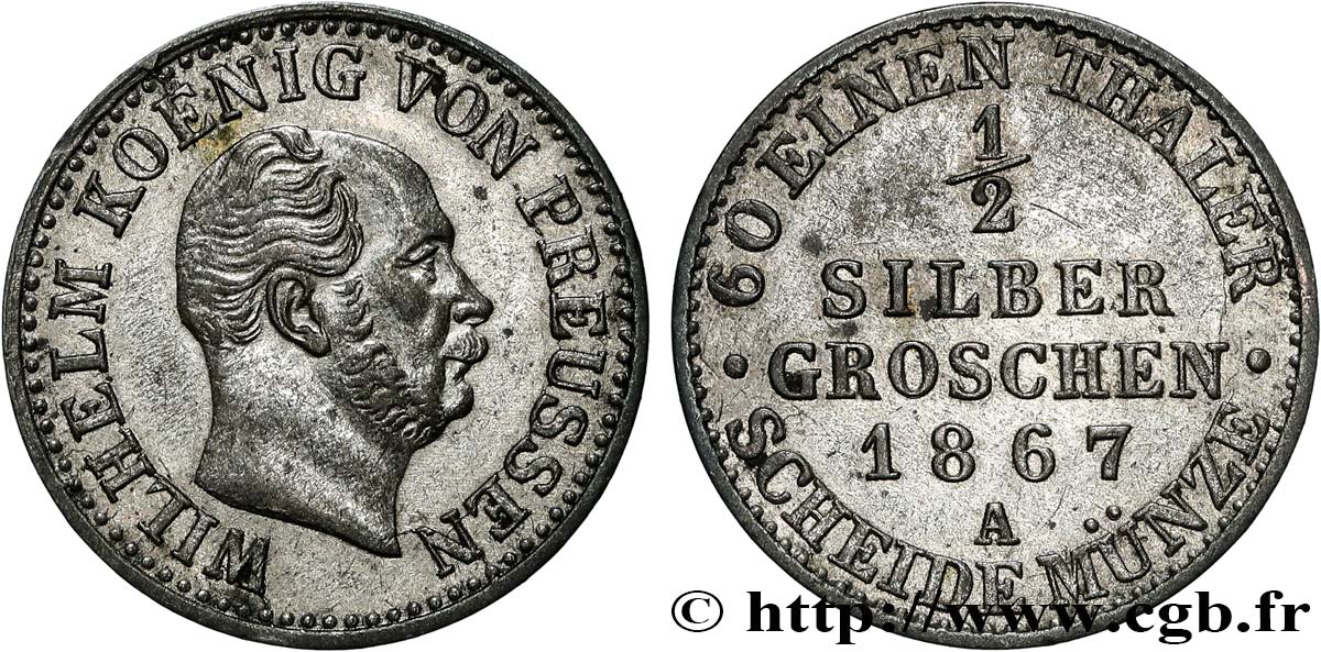 GERMANY - PRUSSIA 1/2 Silbergroschen Guillaume Ier 1867 Berlin AU 