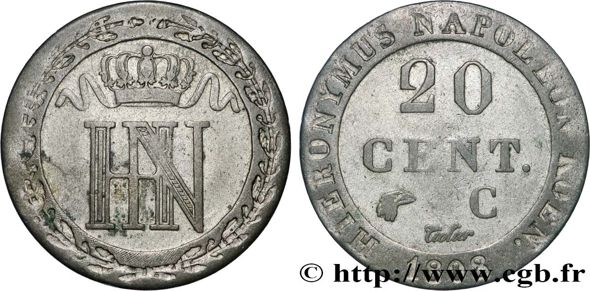 GERMANY - KINGDOM OF WESTPHALIA 20 Centimes 1808 Cassel XF 
