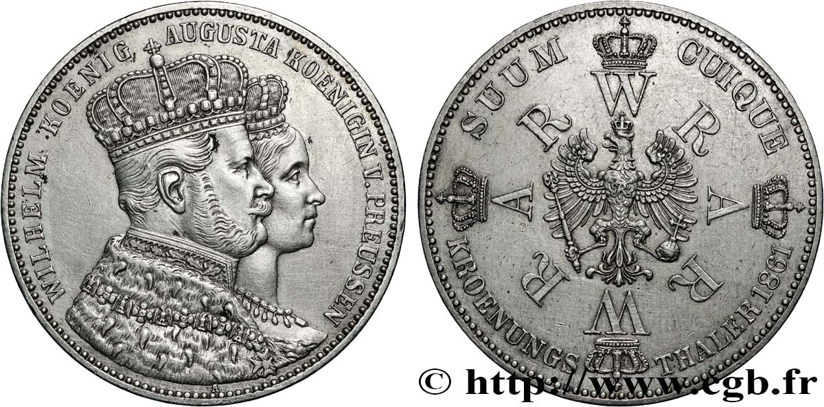 ALEMANIA - PRUSIA 1 Thaler couronnement de Guillaume Ier et Augusta 1861 Berlin MBC+ 