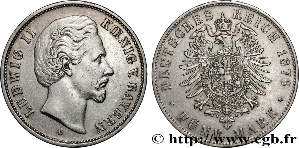 ALLEMAGNE - ROYAUME DE BAVIÈRE - LOUIS II 5 Mark  1876 Munich TTB 