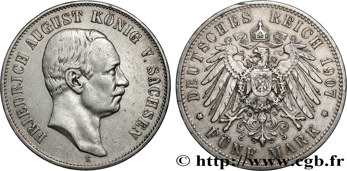 GERMANIA - SASSONIA 5 Mark Frédéric Auguste  1907 Muldenhütten BB 