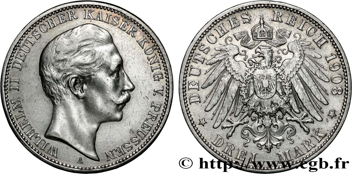 DEUTSCHLAND - PREUßEN 3 Mark Guillaume II 1908 Berlin fVZ 