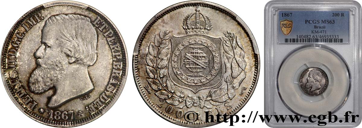 BRÉSIL - EMPIRE DU BRÉSIL - PIERRE II 200 Reis  1867  MS63 PCGS