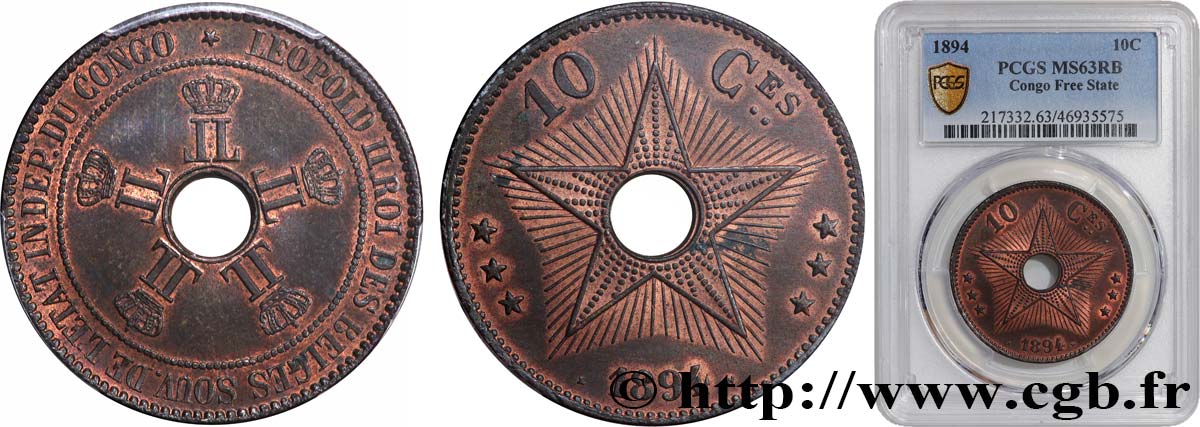 KONGO-FREISTAAT 10 Centimes 1894  fST63 PCGS
