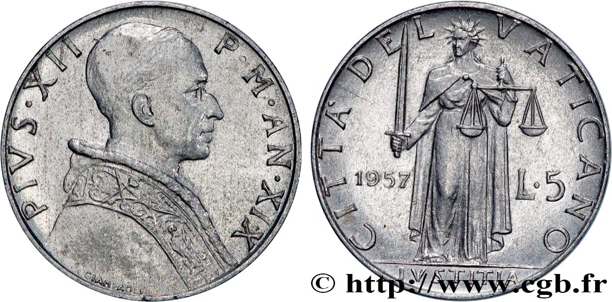 VATICAN ET ÉTATS PONTIFICAUX 5 Lire Pie XII an XIX / Justice 1957 Rome - R SUP 