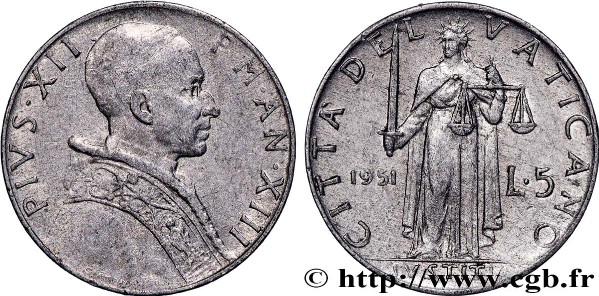 VATICAN AND PAPAL STATES 5 Lire Pie XII an XIII 1951 Rome - R AU 