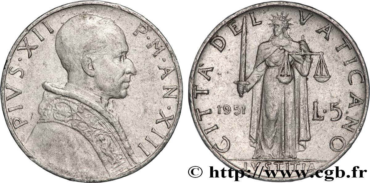 VATICANO Y ESTADOS PONTIFICIOS 5 Lire Pie XII an XIII 1951 Rome - R MBC+ 