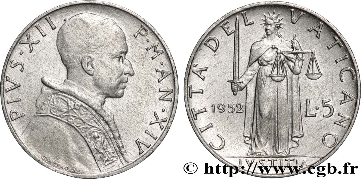 VATICAN AND PAPAL STATES 5 Lire Pie XII an XIV / la ‘Justice’ 1952 Rome - R AU 