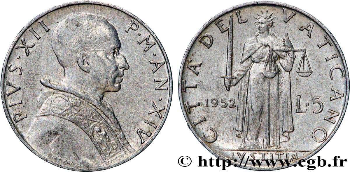 VATICAN AND PAPAL STATES 5 Lire Pie XII an XIV / la ‘Justice’ 1952 Rome - R AU 