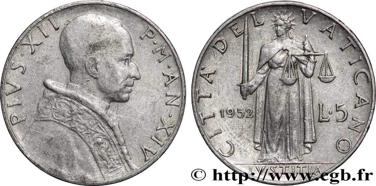 VATIKANSTAAT UND KIRCHENSTAAT 5 Lire Pie XII an XIV 1952 Rome - R SS 