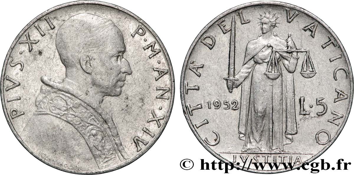 VATICANO Y ESTADOS PONTIFICIOS 5 Lire Pie XII an XIV 1952 Rome - R MBC 