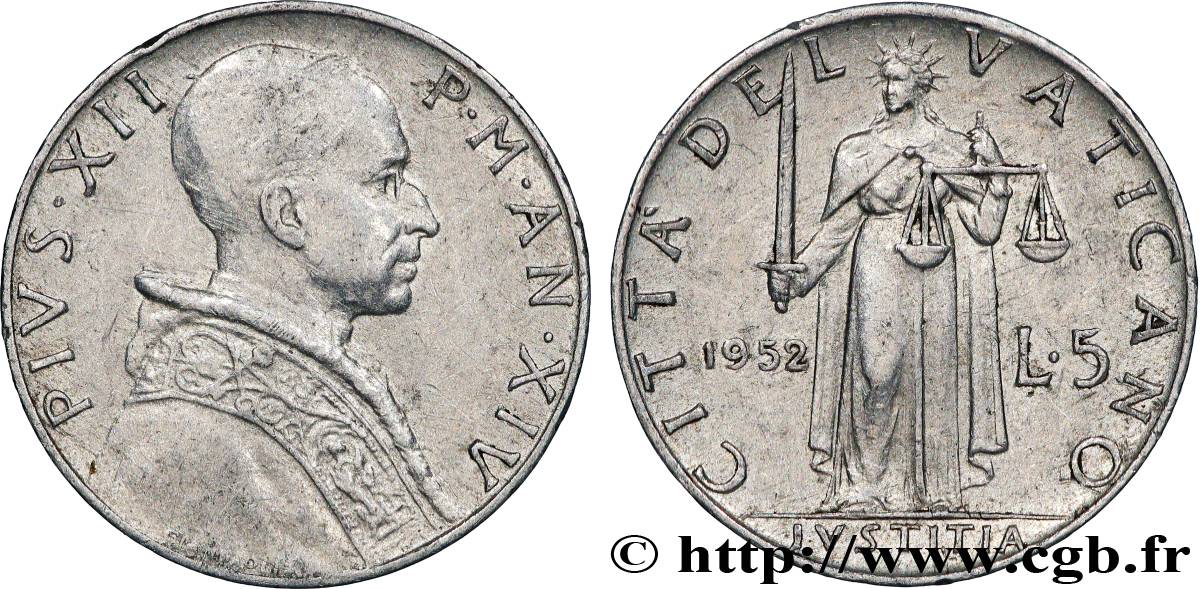 VATICANO E STATO PONTIFICIO 5 Lire Pie XII an XIV 1952 Rome - R BB 