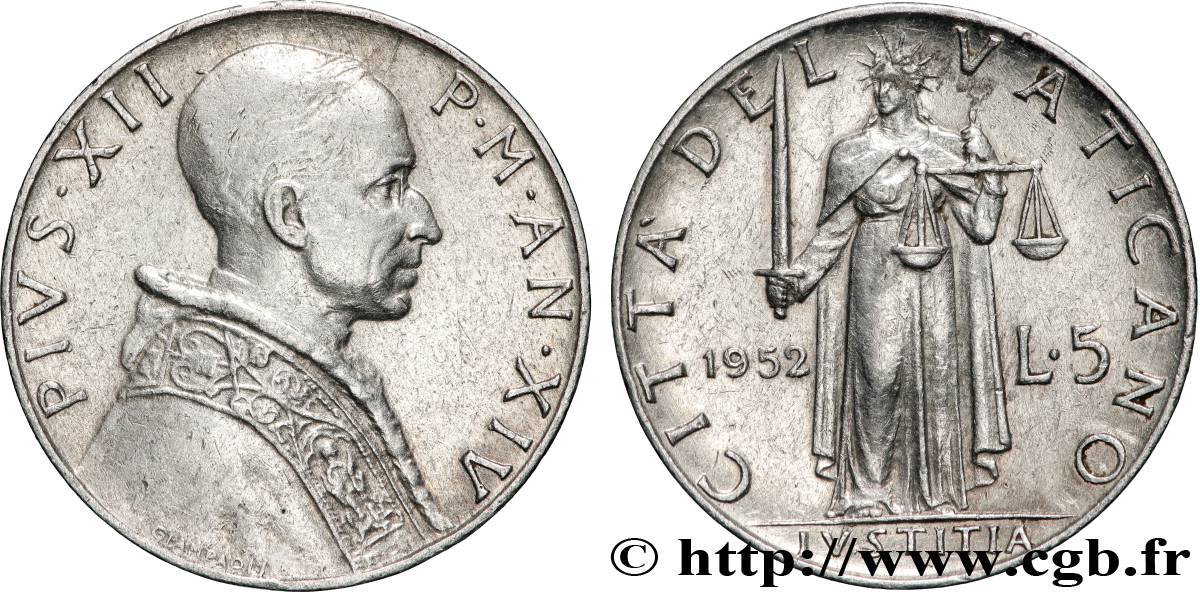 VATIKANSTAAT UND KIRCHENSTAAT 5 Lire Pie XII an XIV 1952 Rome - R SS 