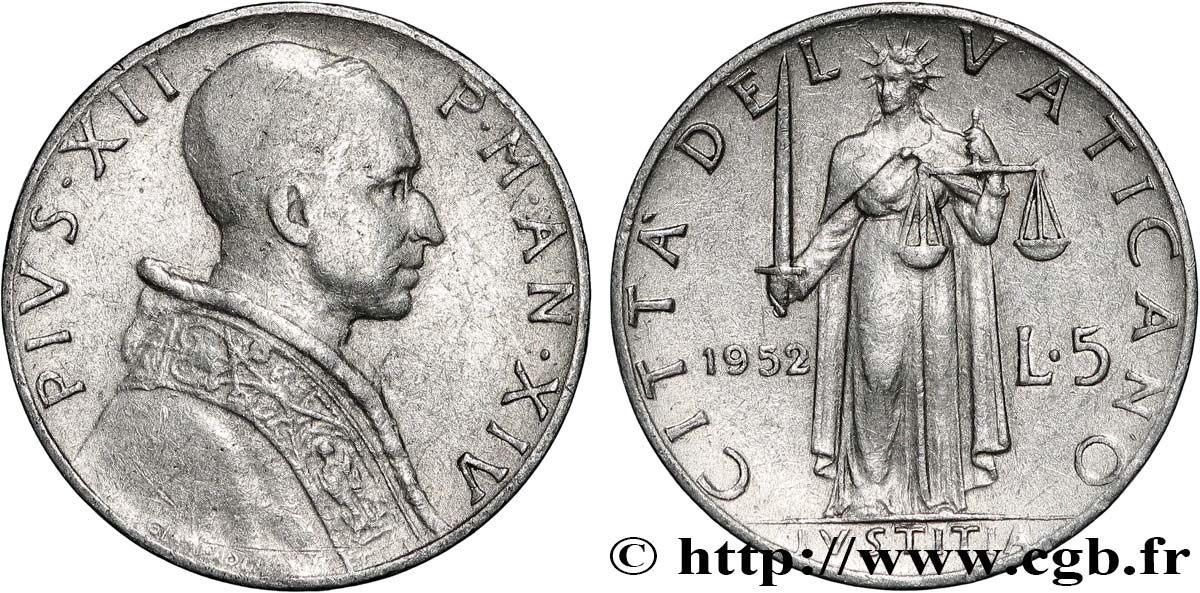 VATICAN AND PAPAL STATES 5 Lire Pie XII an XIV 1952 Rome - R XF 