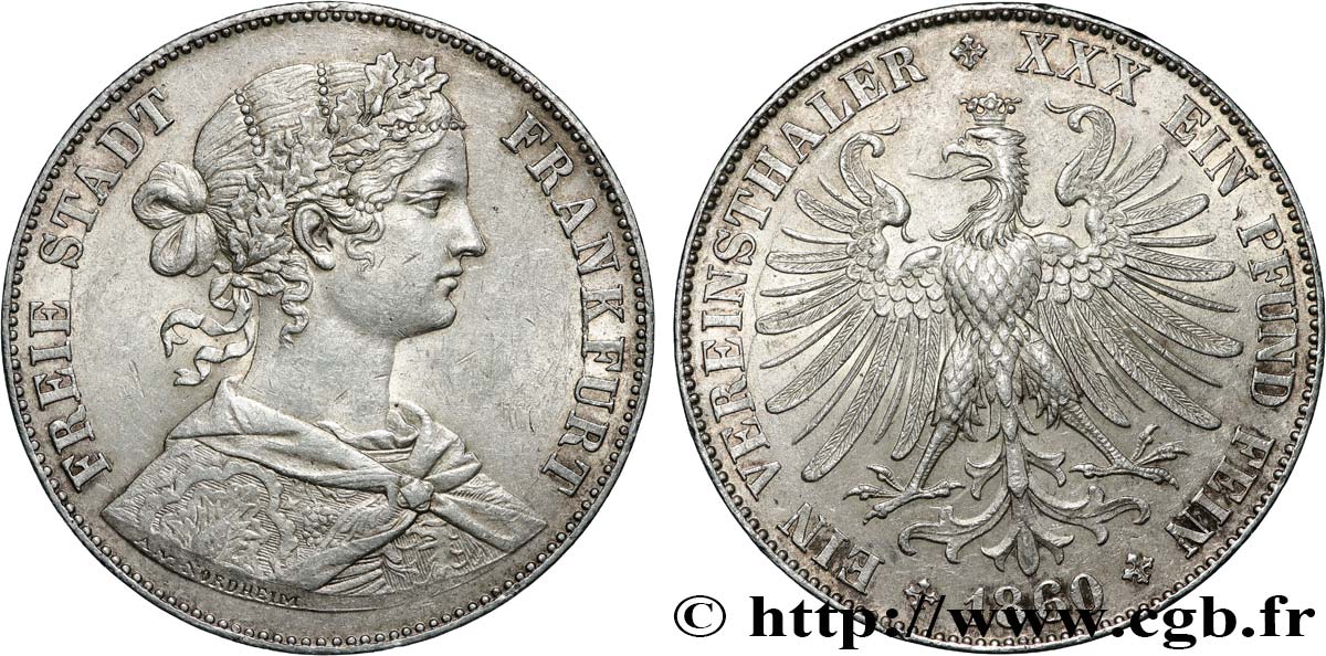 ALLEMAGNE - VILLE LIBRE DE FRANCFORT 1 Thaler 1860  SPL 