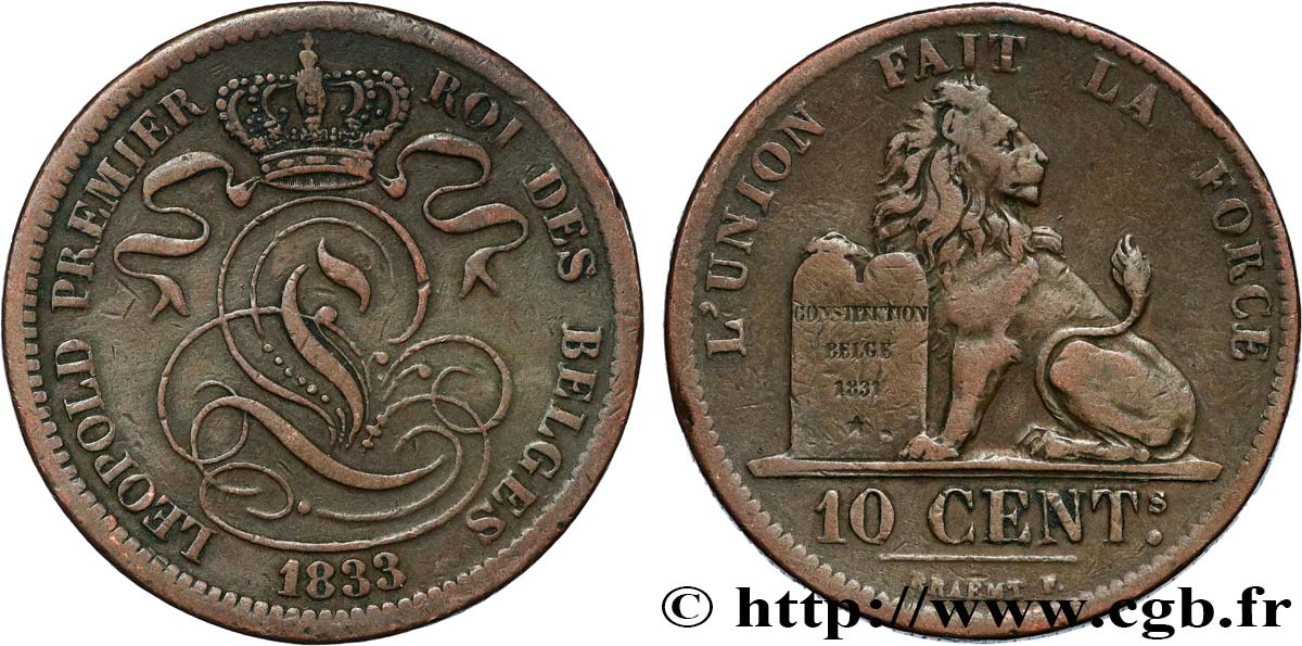 BELGIQUE 10 Centimes lion 1833  TB+ 