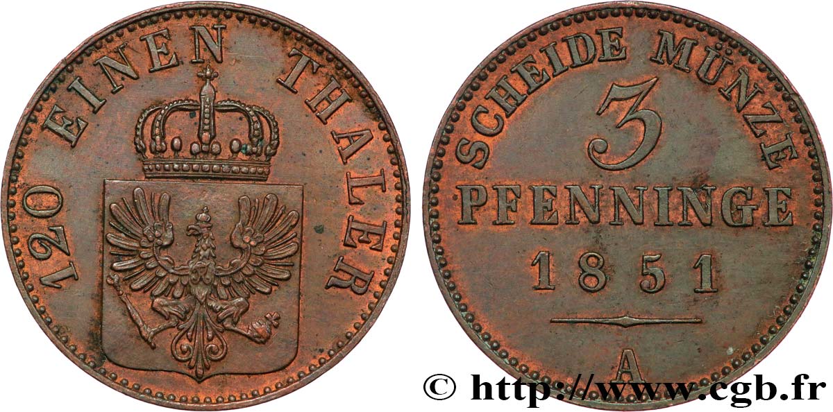 GERMANY - PRUSSIA 3 Pfenninge 1851 Berlin AU 