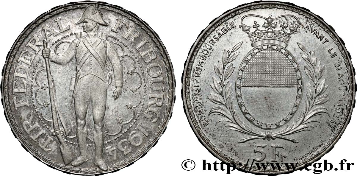 SWITZERLAND 5 Francs, monnaie de Tir, Fribourg 1934 Le Locle AU 