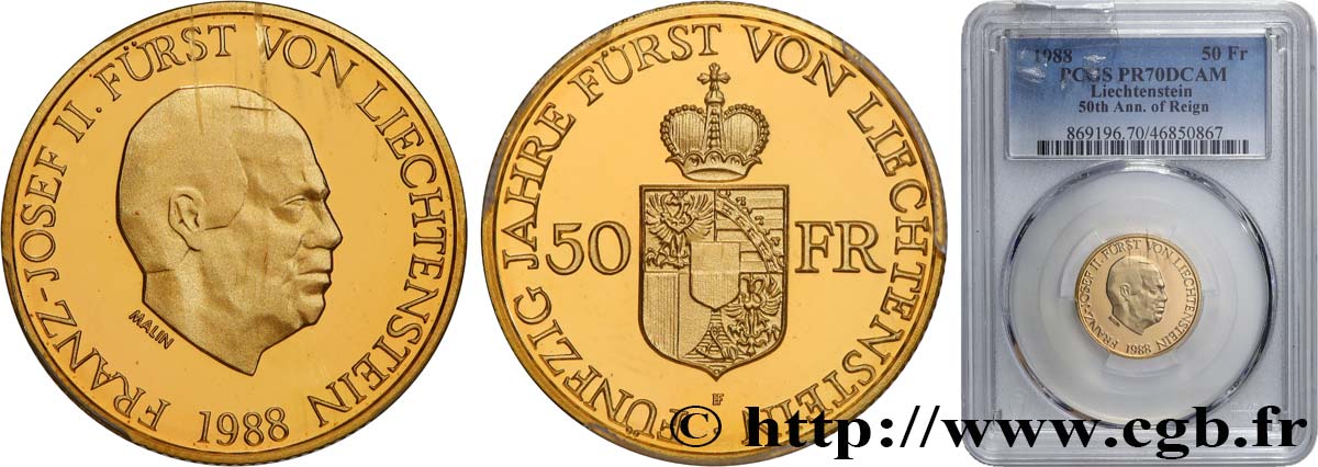 LIECHTENSTEIN - PRINCIPAUTÉ DE LIECHTENSTEIN - FRANÇOIS JOSEPH II 50 Franken 1988  ST70 PCGS