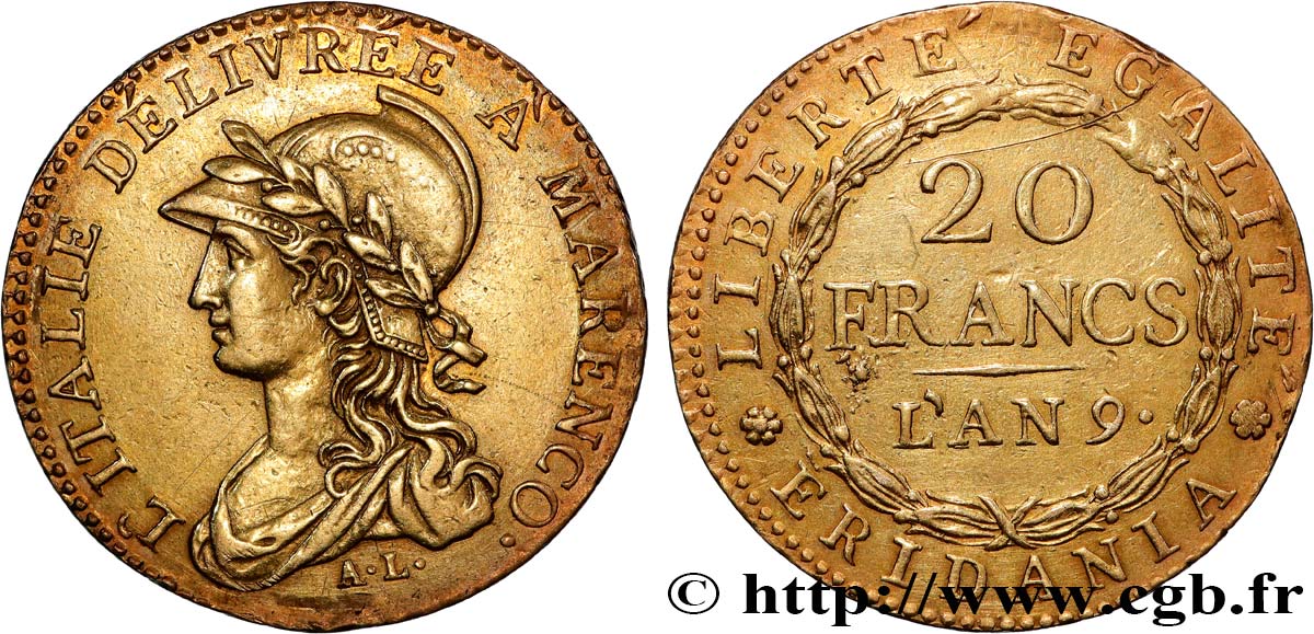 ITALY - SUBALPINE GAUL 20 Francs or Marengo an 9 1801 Turin AU 