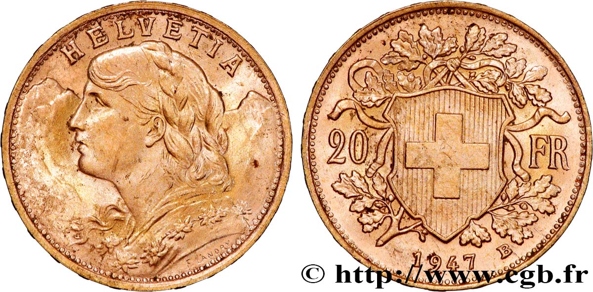 OR, PALLADIUM ET PLATINE INVESTISSEMENT 20 Francs or  Vreneli  1947 Berne TTB+ 