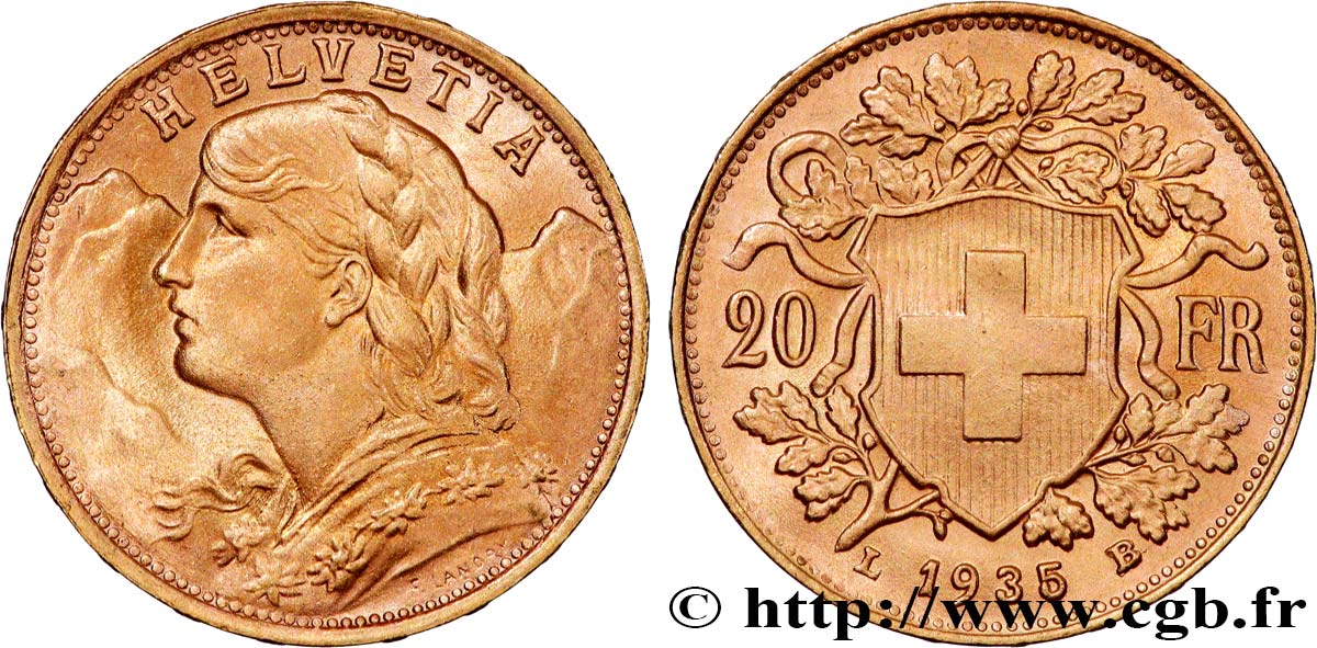 GOLD, PALLADIUM & PLATINUM INVESTMENT 20 Francs  Vreneli  1935 Berne AU 