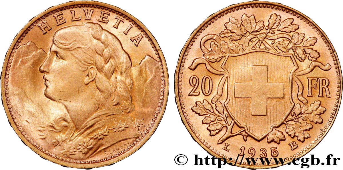 OR, PALLADIUM ET PLATINE INVESTISSEMENT 20 Francs &nbsp;Vreneli&nbsp; 1935 Berne SUP 