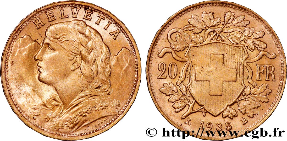 OR, PALLADIUM ET PLATINE INVESTISSEMENT 20 Francs &nbsp;Vreneli&nbsp; 1935 Berne SUP 