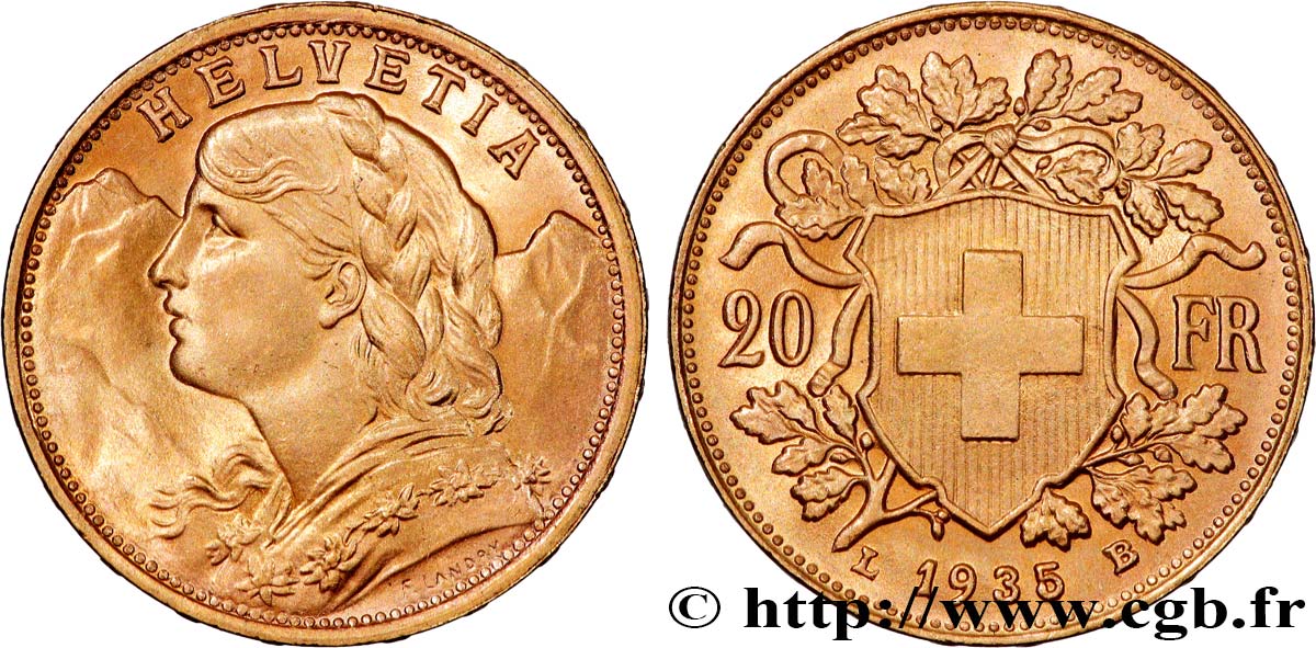 OR, PALLADIUM ET PLATINE INVESTISSEMENT 20 Francs &nbsp;Vreneli&nbsp; 1935 Berne SUP 