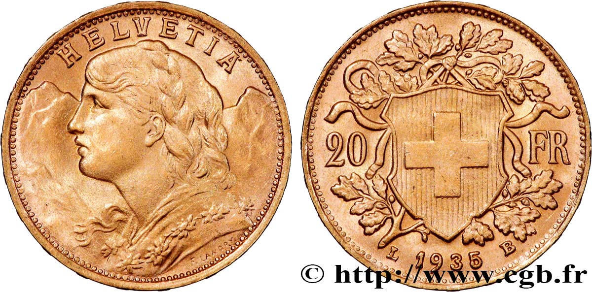 GOLD, PALLADIUM & PLATINUM INVESTMENT 20 Francs &nbsp;Vreneli&nbsp; 1935 Berne AU 