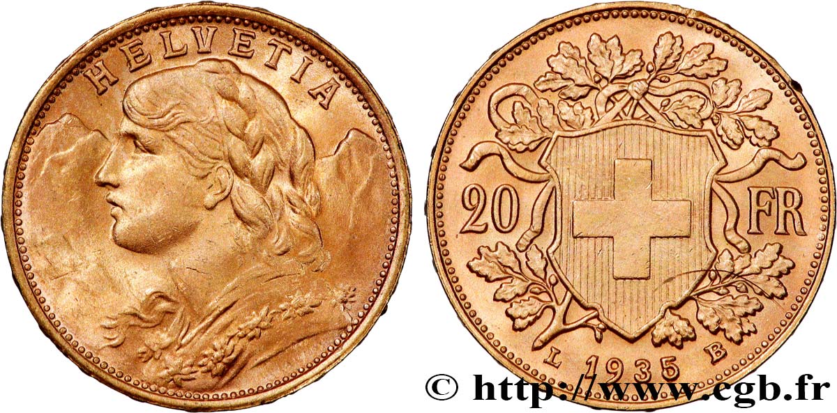 GOLD, PALLADIUM & PLATINUM INVESTMENT 20 Francs &nbsp;Vreneli&nbsp; 1935 Berne AU 