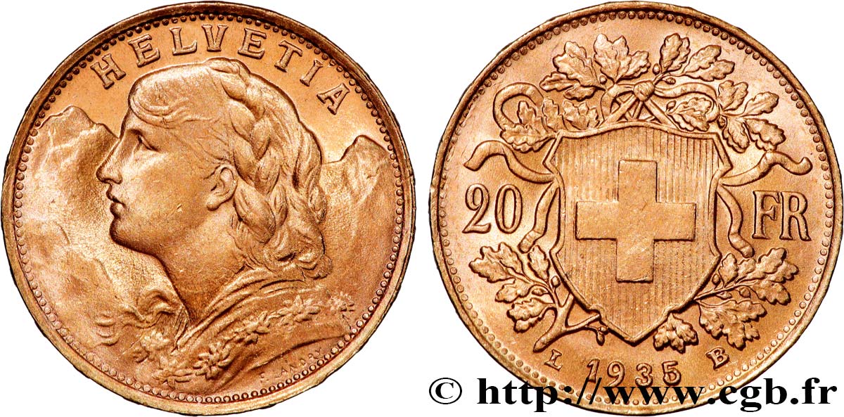 GOLD, PALLADIUM & PLATINUM INVESTMENT 20 Francs &nbsp;Vreneli&nbsp; 1935 Berne AU 