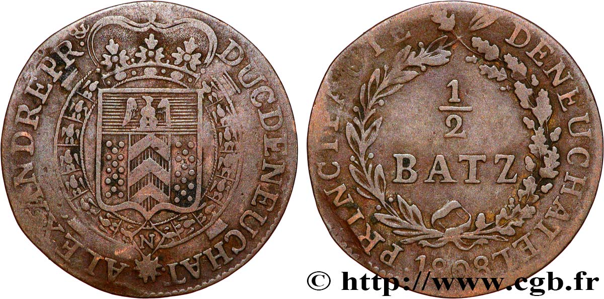 SVIZZERA - PRINCIPATO DE NEUCHÂTEL - ALEXANDRE BERTHIER 1/2 Batzen 1808  q.BB 