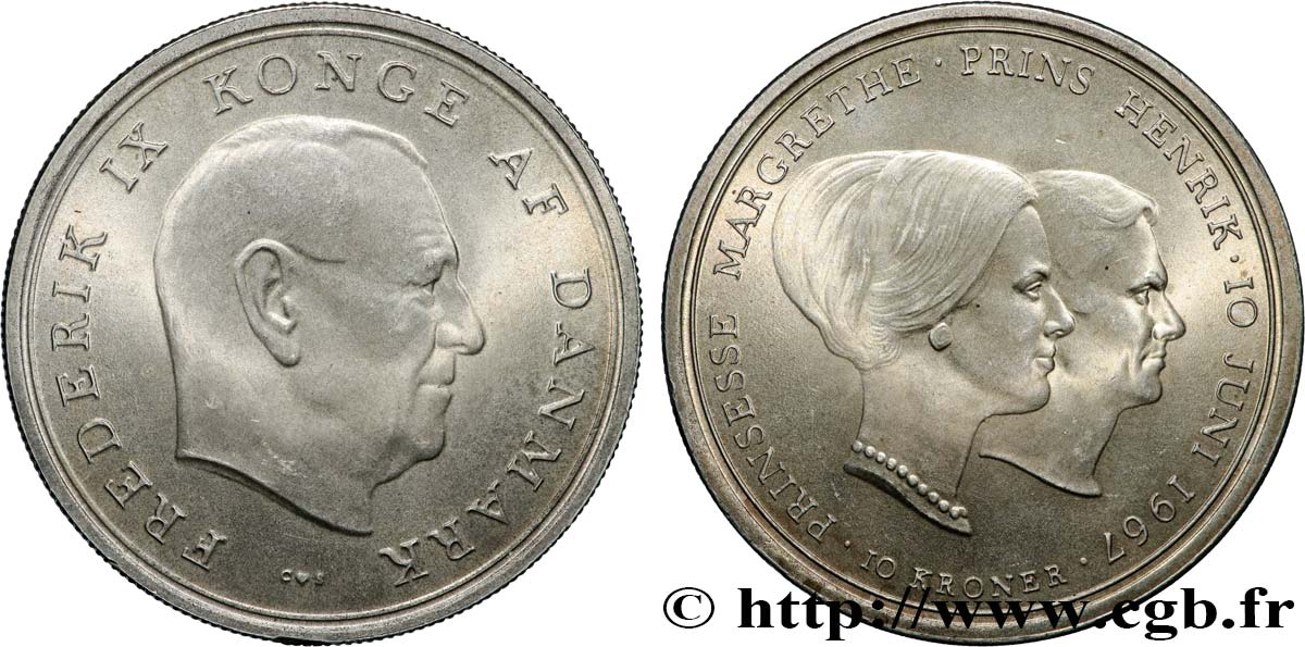 DÄNEMARK 10 Kroner mariage de la princesse Margrethe 1967 Copenhague VZ 