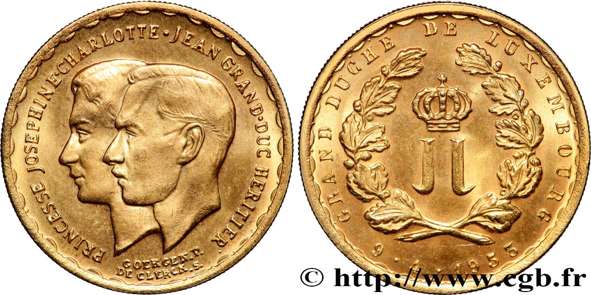LUXEMBOURG Monnaie commémorative au module de 20 francs Or, mariage du prince héritier 1953 Bruxelles SPL 