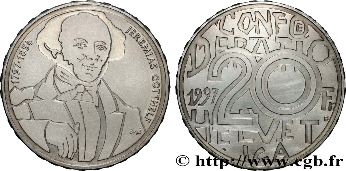 SWITZERLAND 20 Francs BE 200e anniversaire de l’écrivain bernois Jeremias Gotthelf 1997 Berne - B MS 