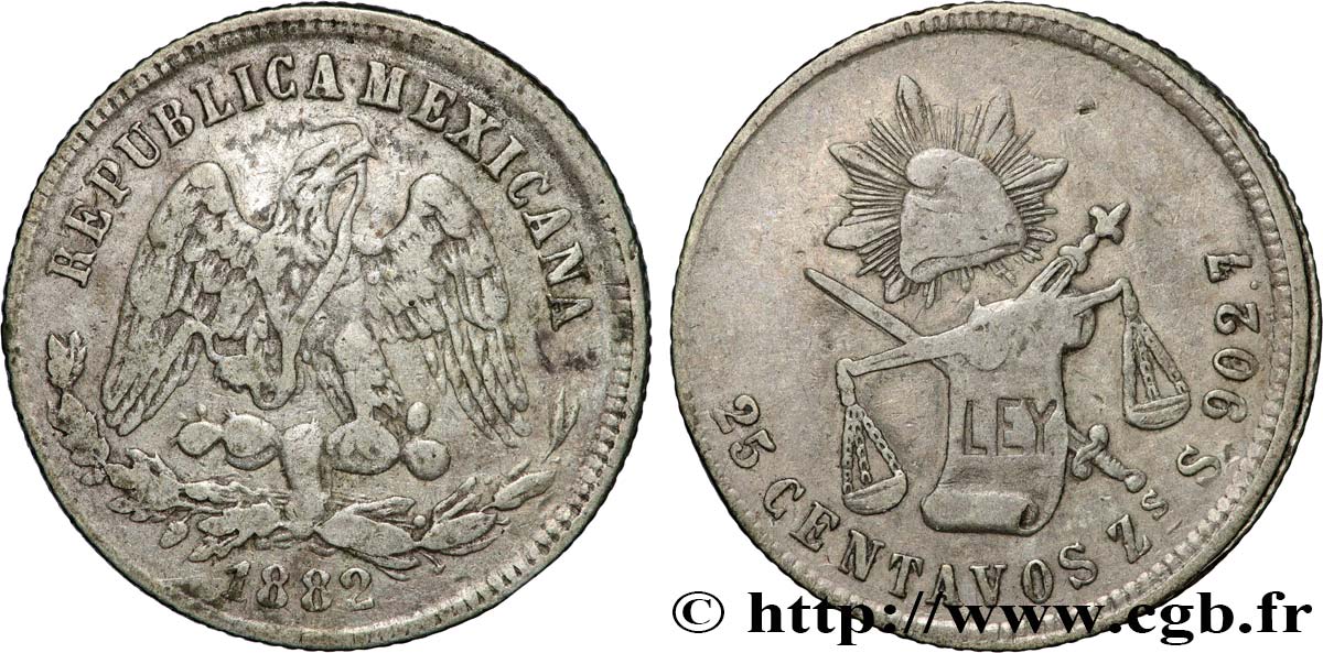 MEXICO 25 Centavos 1882 Zacatecas XF 