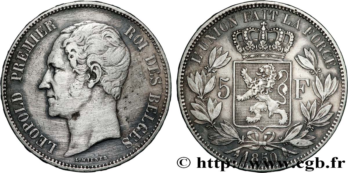 BELGIQUE 5 Francs Léopold Ier 1850  TTB 