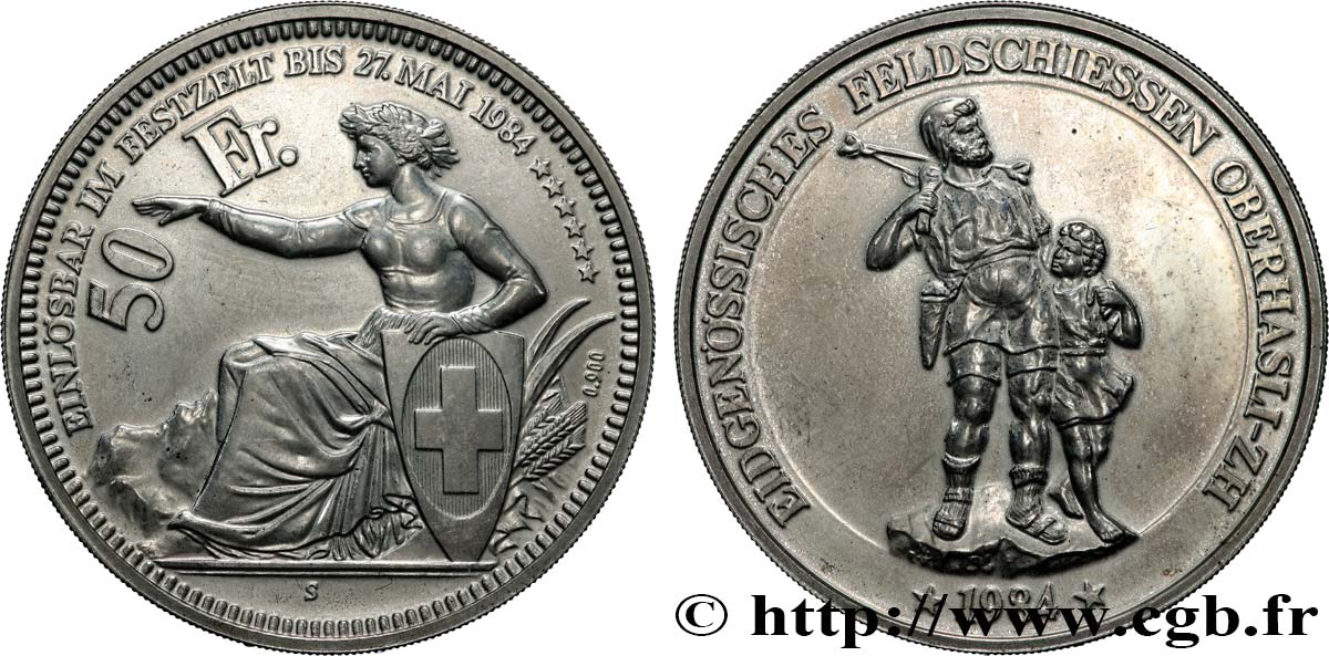 SWITZERLAND Médaille de 50 francs, tir fédéral Oberhasli 1984  MS 