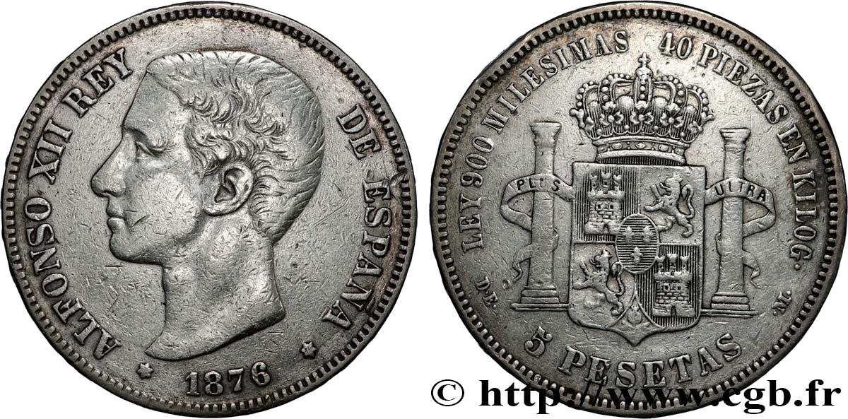 ESPAGNE 5 Pesetas Alphonse XII 1876 Madrid TB+ 