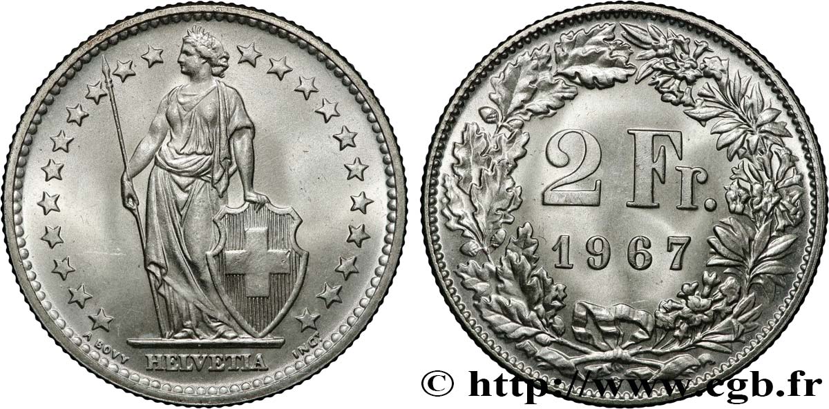 SWITZERLAND 2 Francs Helvetia 1967 Berne - B AU 