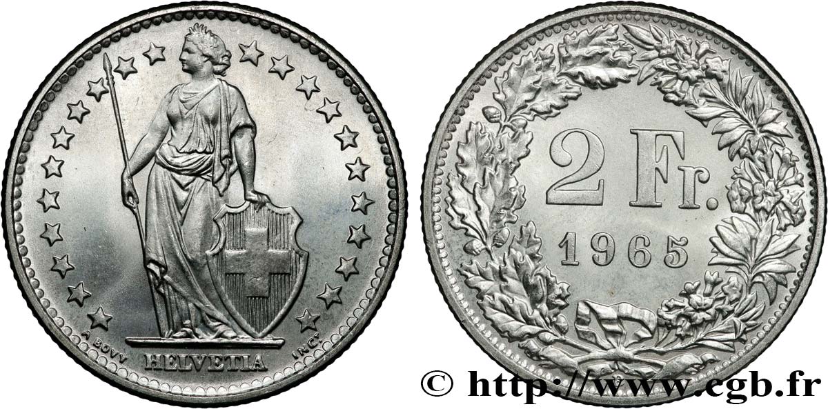 SUISSE 2 Francs Helvetia 1965 Berne SUP 