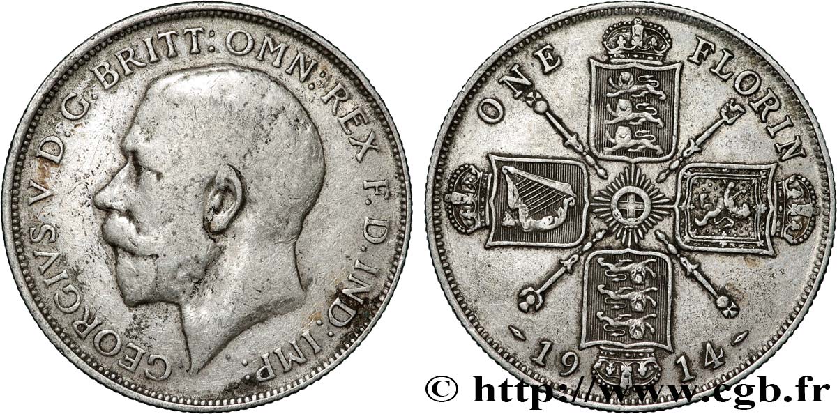 UNITED KINGDOM 1 Florin Georges V 1914  VF 