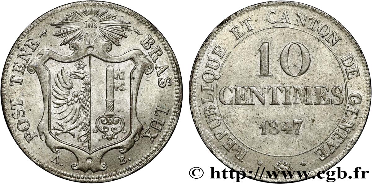 SUISSE - RÉPUBLIQUE DE GENÈVE 10 Centimes 1847  TTB+ 