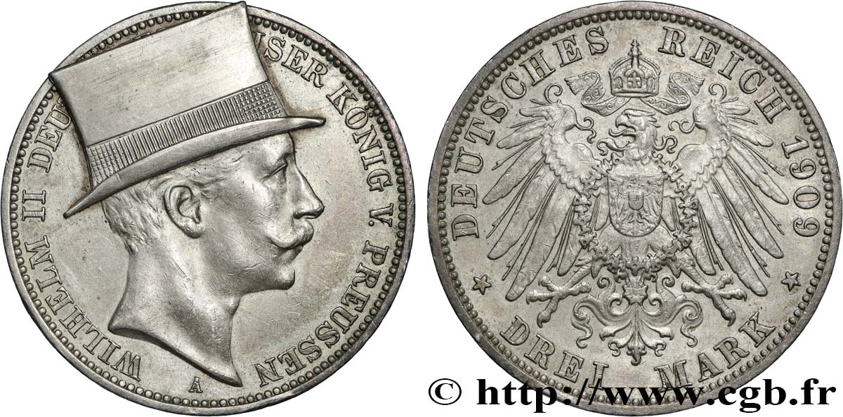 GERMANY - PRUSSIA 3 Mark Guillaume II, satirique au chapeau 1909 Berlin AU 