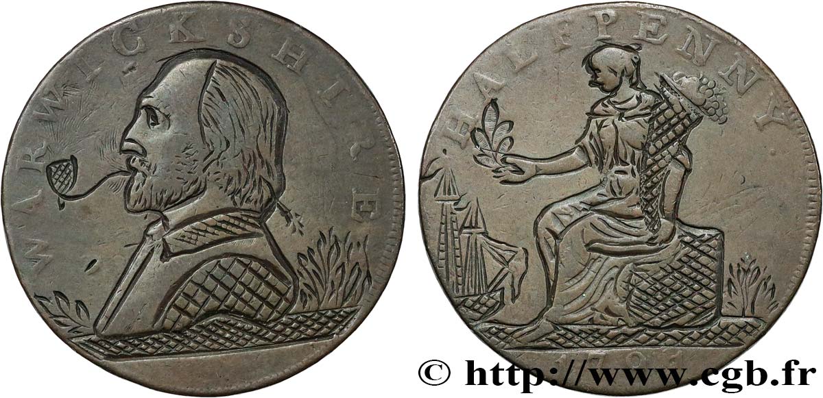 BRITISH TOKENS OR JETTONS 1/2 Penny Warwickshire (comté) William Shakespeare, satirique 1791  XF 