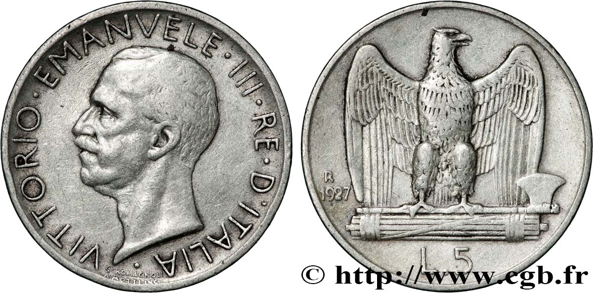 ITALIA 5 Lire Victor Emmanuel III 1927 Rome MBC 