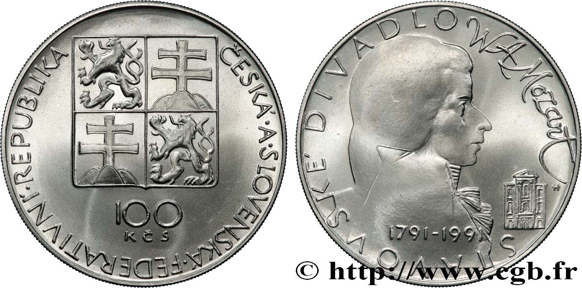 CZECHOSLOVAKIA 100 Korun Bicentenaire de la mort de Wolfgang A. Mozart 1991  MS 