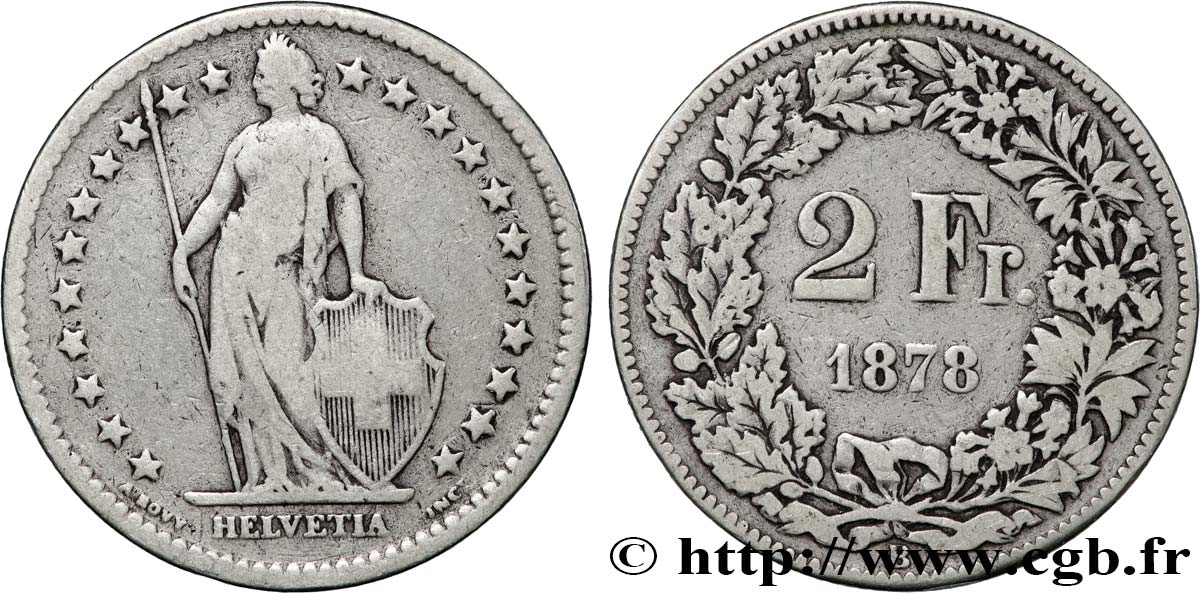 SUISSE 2 Francs Helvetia 1878 Berne TB 
